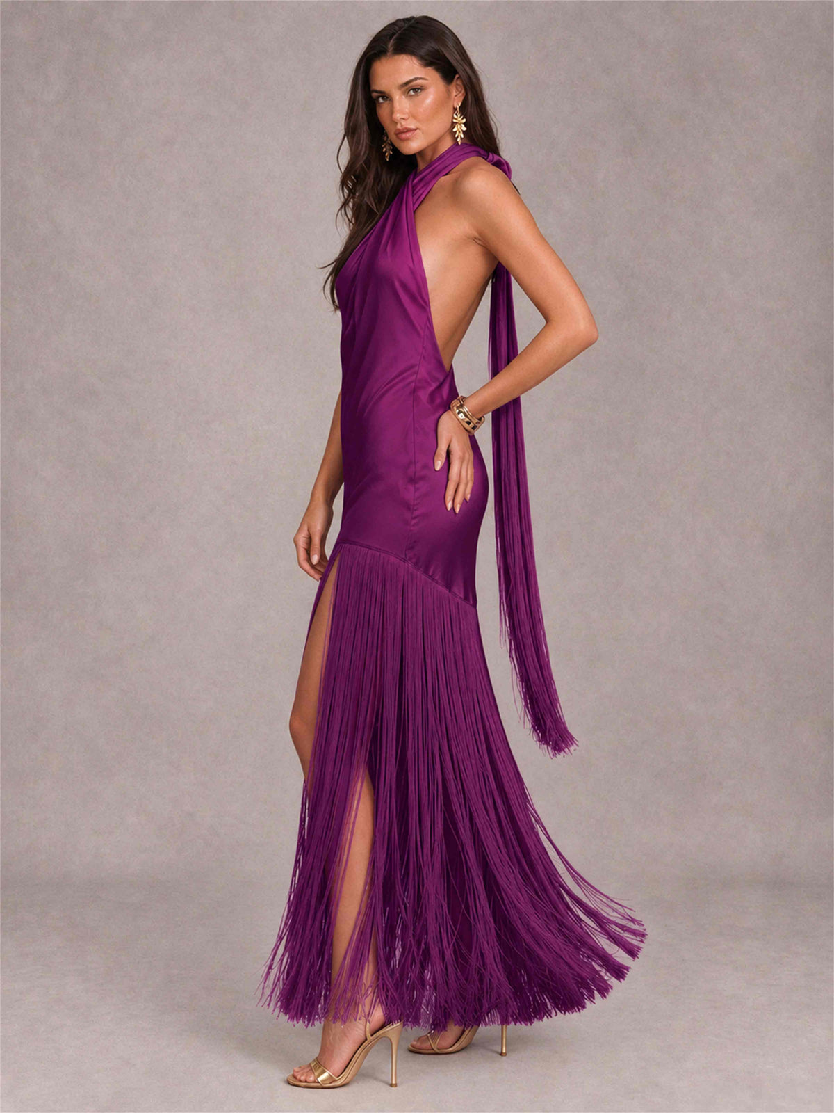 Halter Neck Sheath Sleeveless Satin Wedding Guest Dress with Fringe