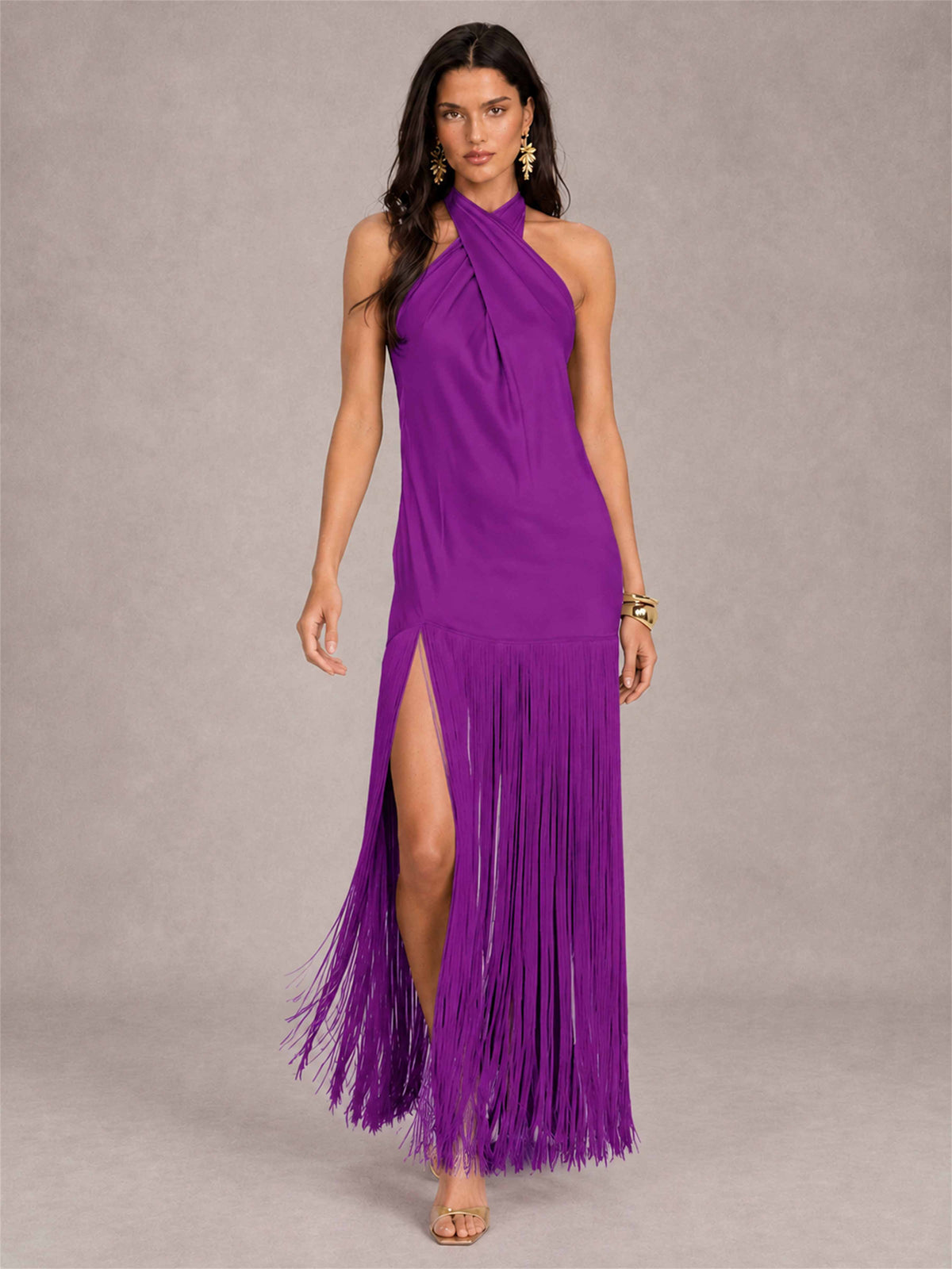 Halter Neck Sheath Sleeveless Satin Wedding Guest Dress with Fringe