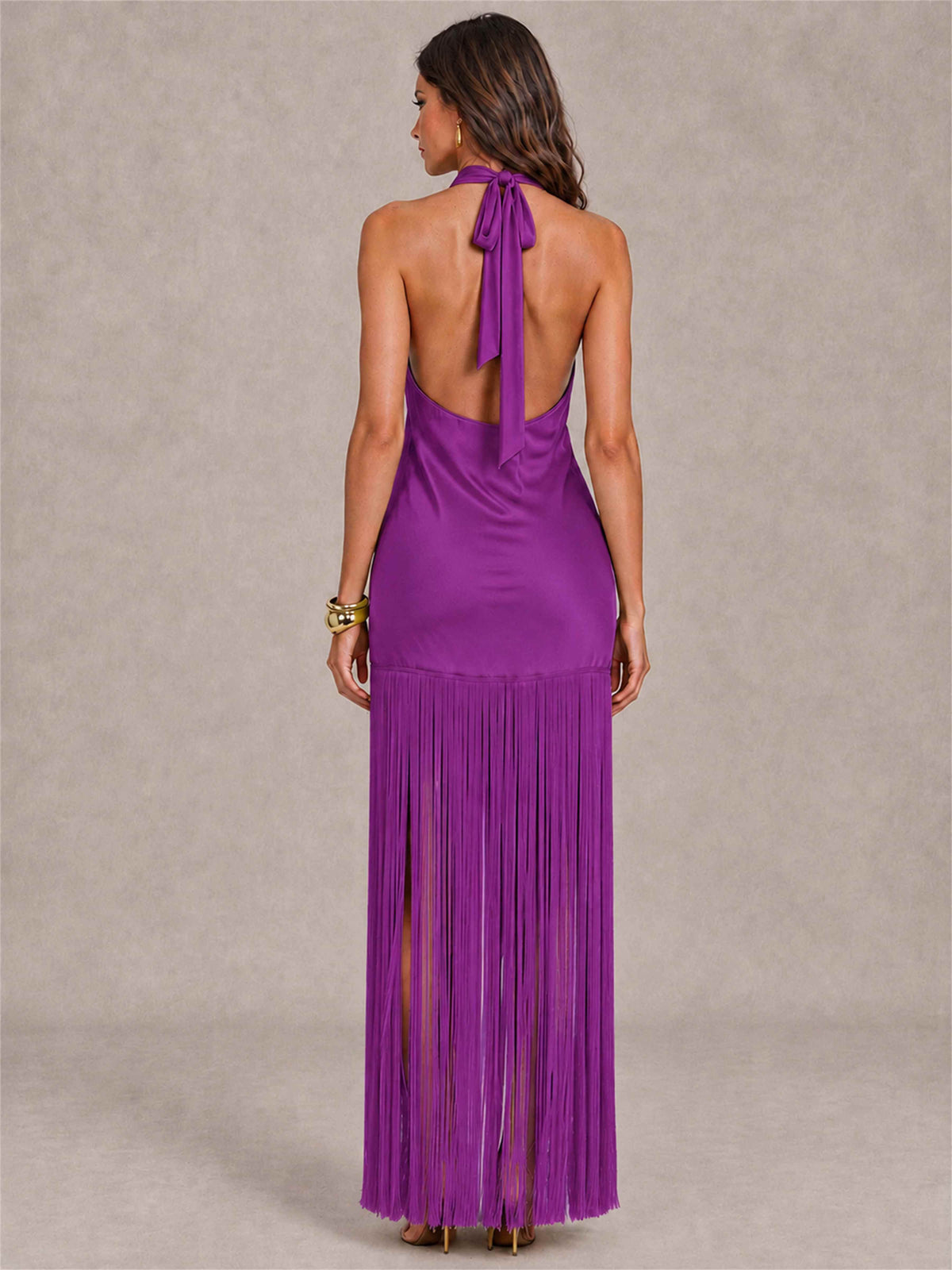 Halter Neck Sheath Sleeveless Satin Wedding Guest Dress with Fringe