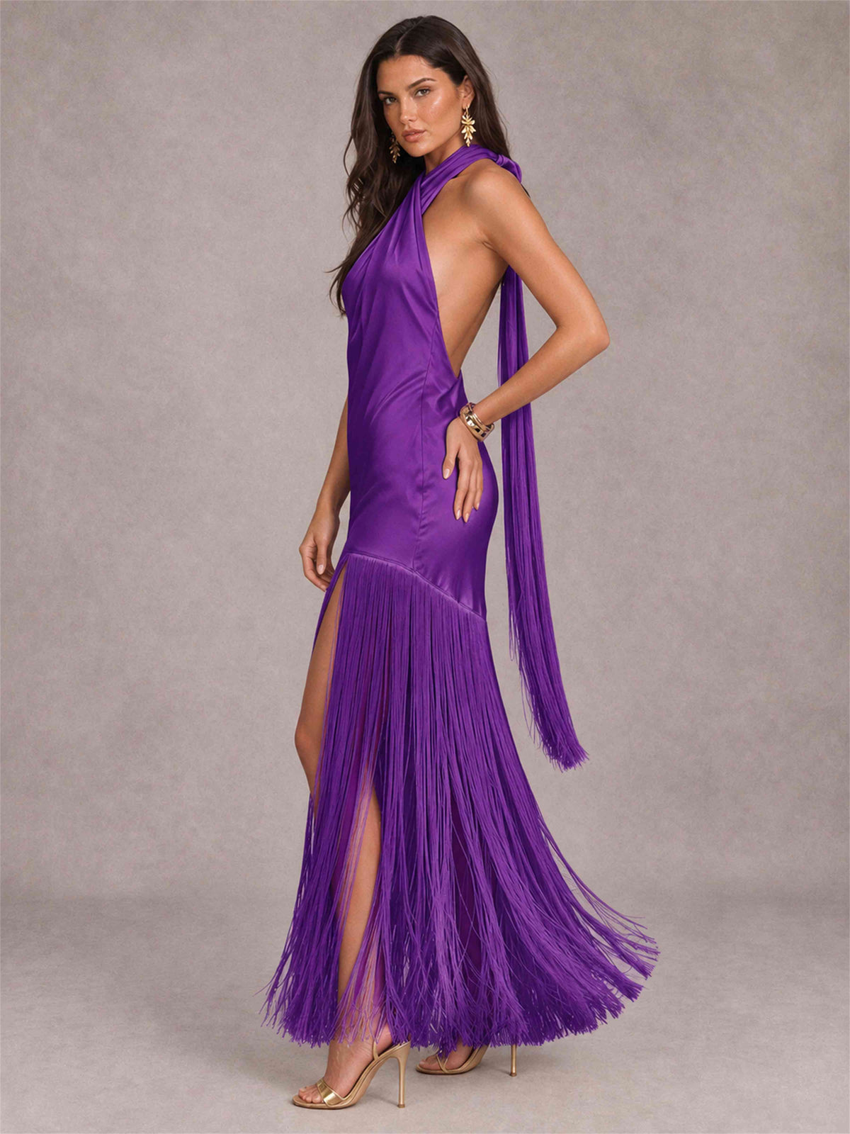 Halter Neck Sheath Sleeveless Satin Wedding Guest Dress with Fringe