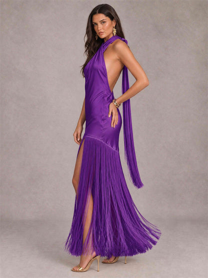 Halter Neck Sheath Sleeveless Satin Wedding Guest Dress with Fringe