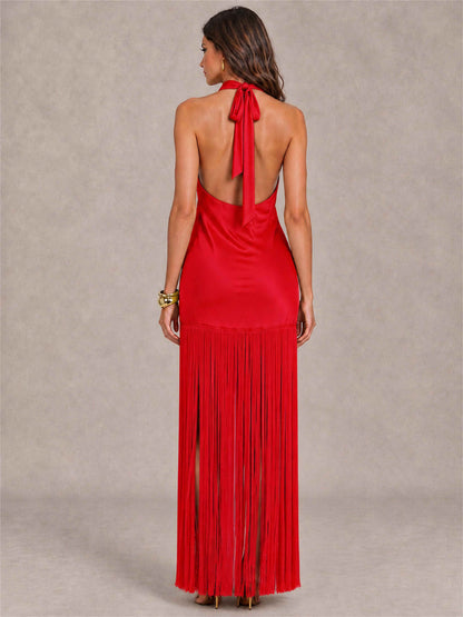 Halter Neck Sheath Sleeveless Satin Wedding Guest Dress with Fringe