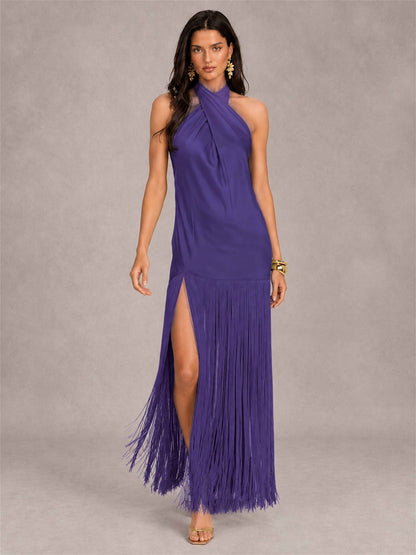 Halter Neck Sheath Sleeveless Satin Wedding Guest Dress with Fringe