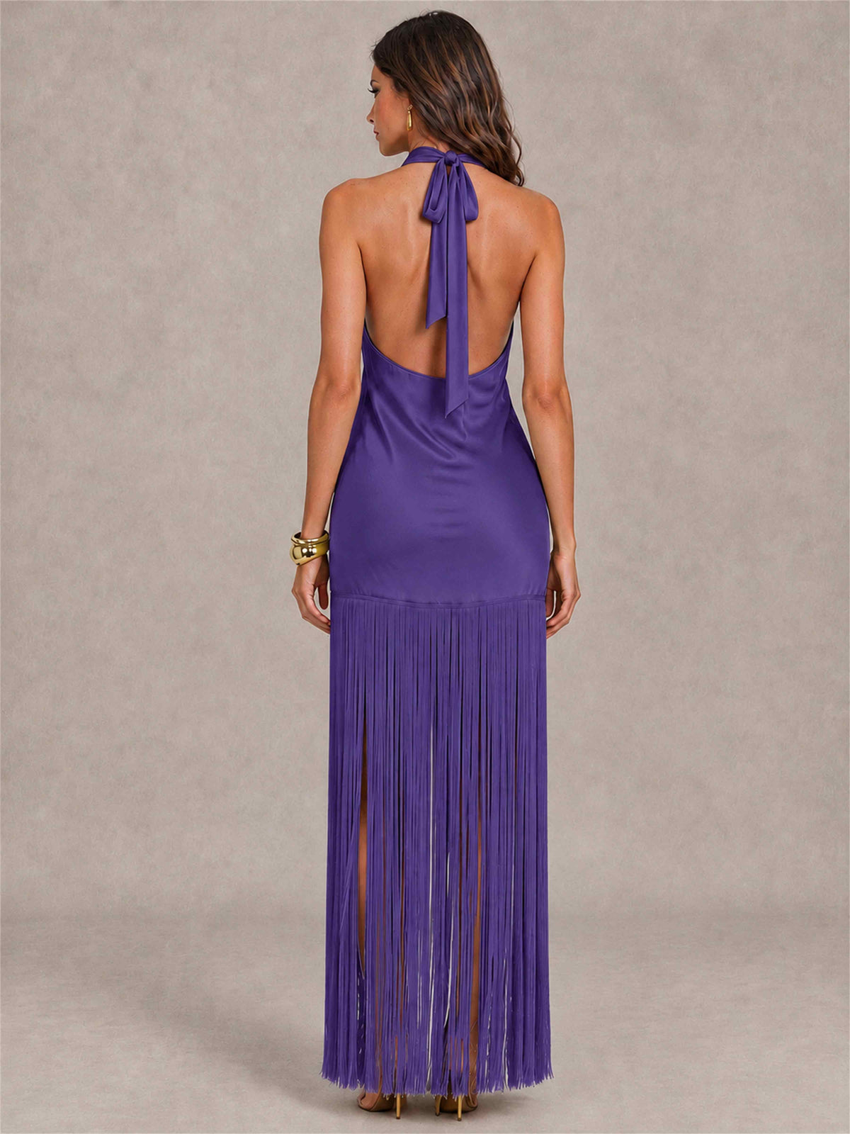 Halter Neck Sheath Sleeveless Satin Wedding Guest Dress with Fringe