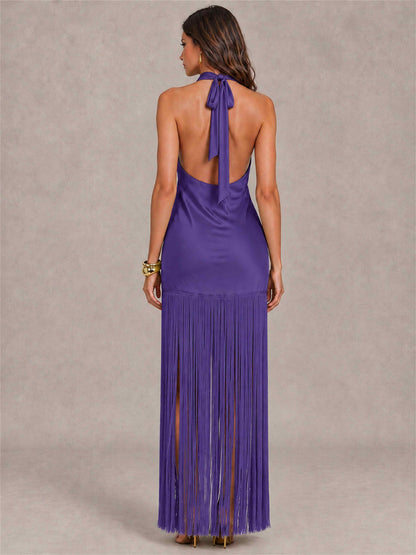 Halter Neck Sheath Sleeveless Satin Wedding Guest Dress with Fringe