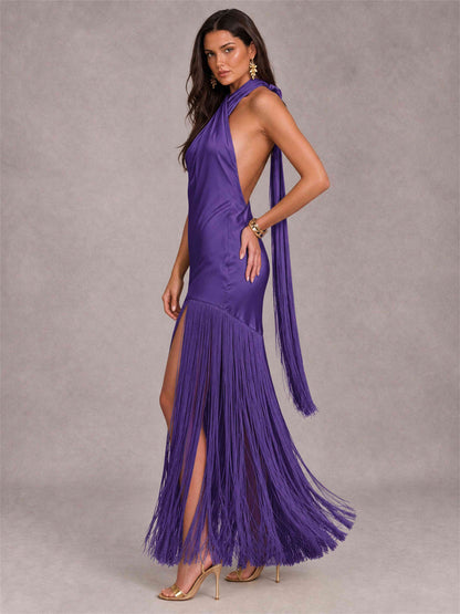 Halter Neck Sheath Sleeveless Satin Wedding Guest Dress with Fringe