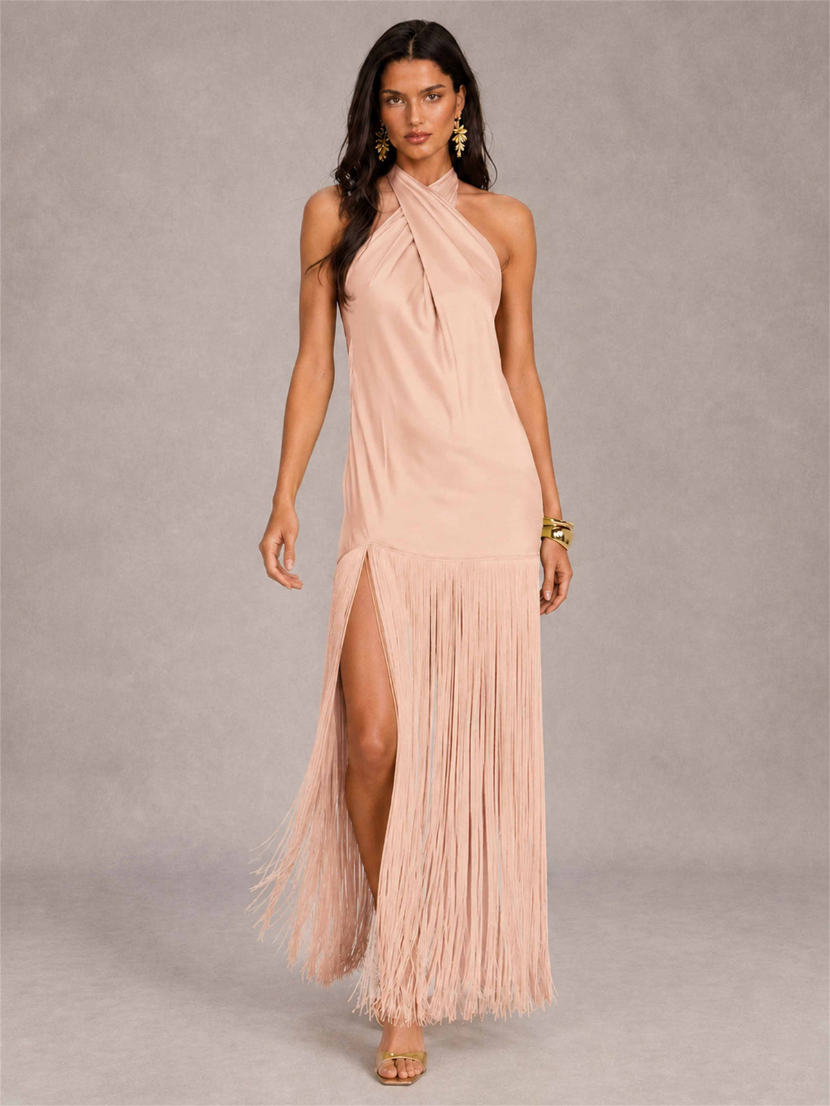 Halter Neck Sheath Sleeveless Satin Wedding Guest Dress with Fringe