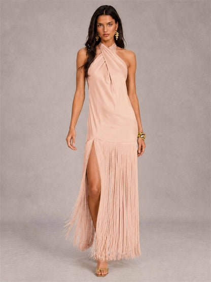 Halter Neck Sheath Sleeveless Satin Wedding Guest Dress with Fringe
