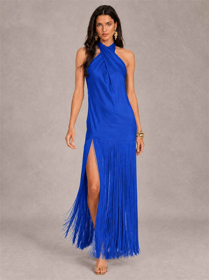 Halter Neck Sheath Sleeveless Satin Wedding Guest Dress with Fringe