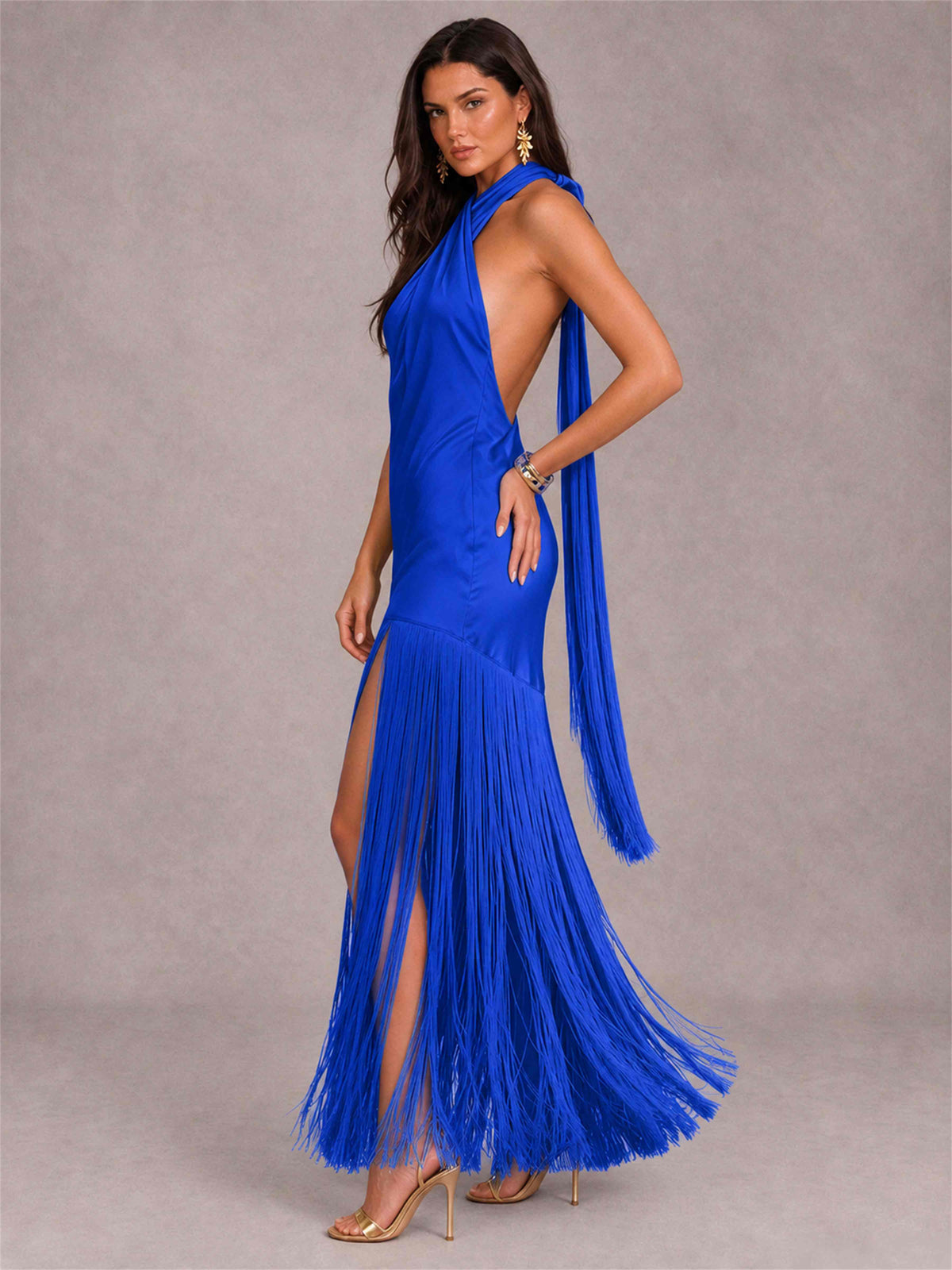Halter Neck Sheath Sleeveless Satin Wedding Guest Dress with Fringe