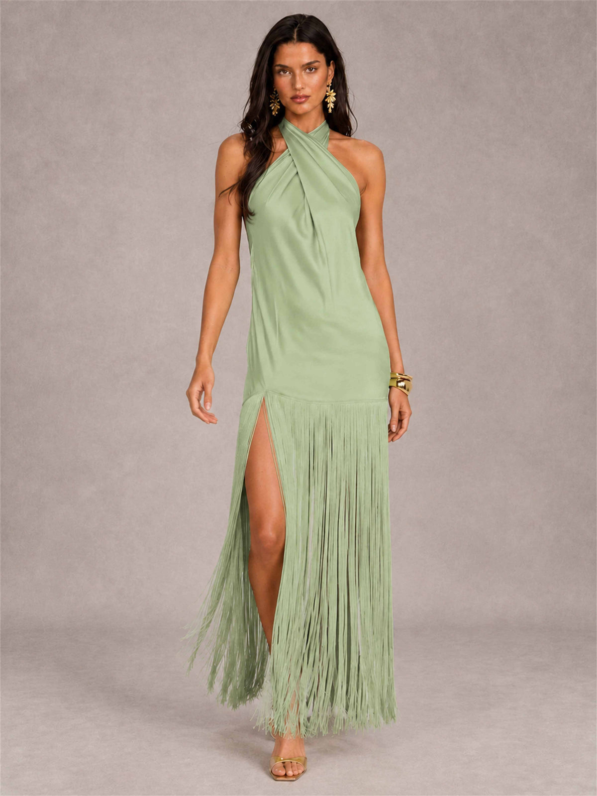 Halter Neck Sheath Sleeveless Satin Wedding Guest Dress with Fringe