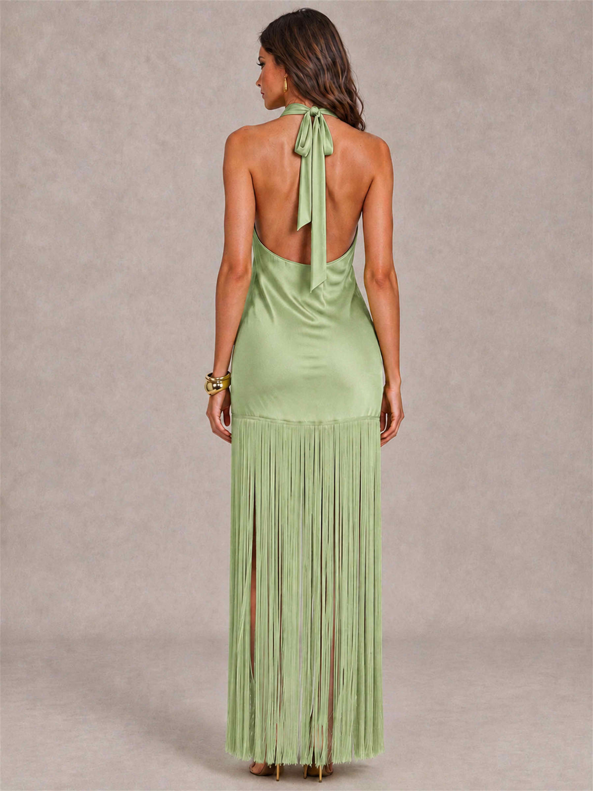 Halter Neck Sheath Sleeveless Satin Wedding Guest Dress with Fringe
