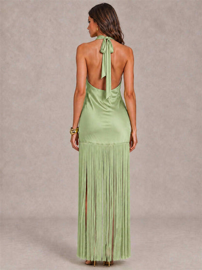 Halter Neck Sheath Sleeveless Satin Wedding Guest Dress with Fringe