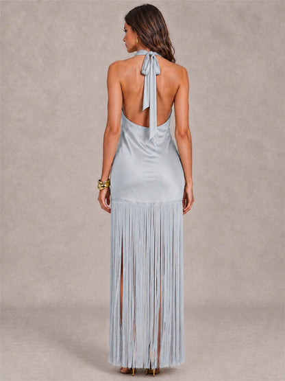 Halter Neck Sheath Sleeveless Satin Wedding Guest Dress with Fringe