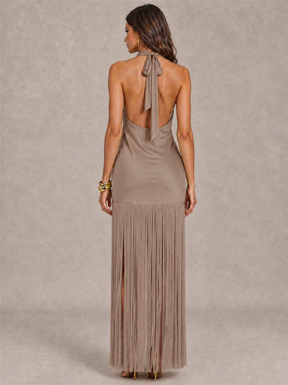 Halter Neck Sheath Sleeveless Satin Wedding Guest Dress with Fringe