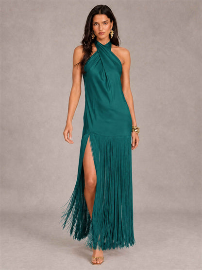 Halter Neck Sheath Sleeveless Satin Wedding Guest Dress with Fringe