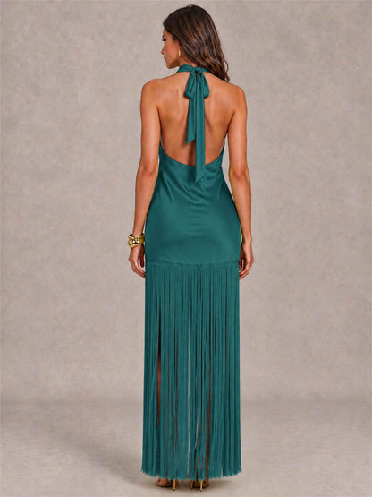 Halter Neck Sheath Sleeveless Satin Wedding Guest Dress with Fringe