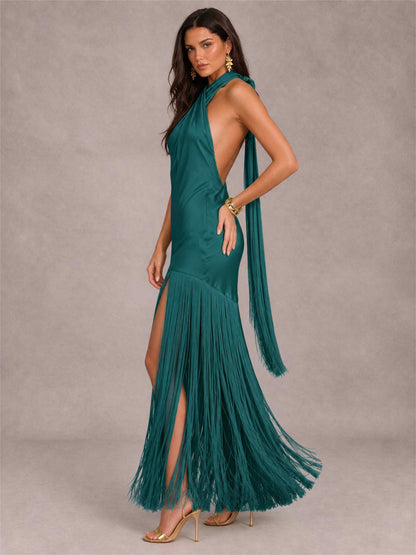 Halter Neck Sheath Sleeveless Satin Wedding Guest Dress with Fringe