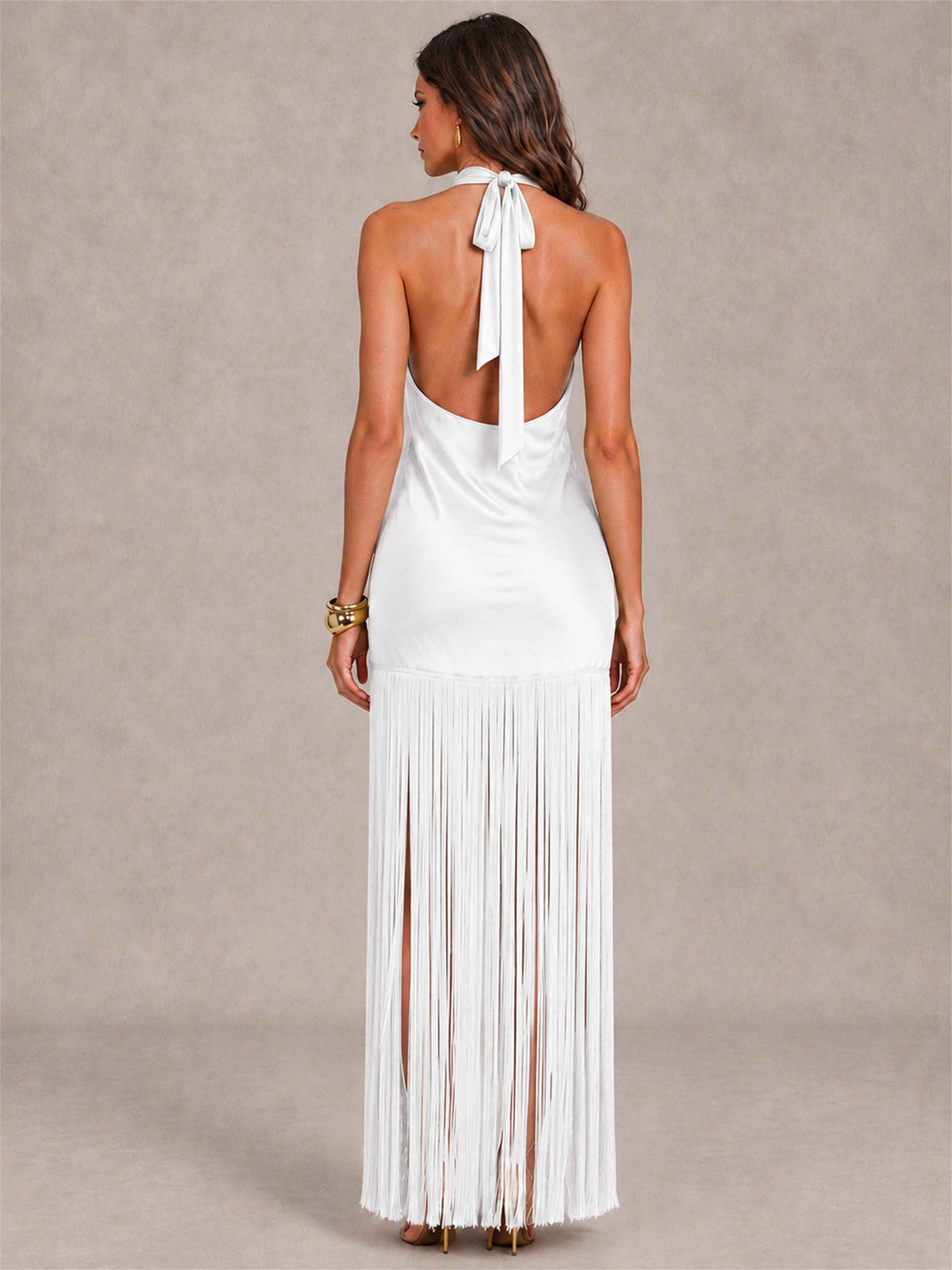 Halter Neck Sheath Sleeveless Satin Wedding Guest Dress with Fringe