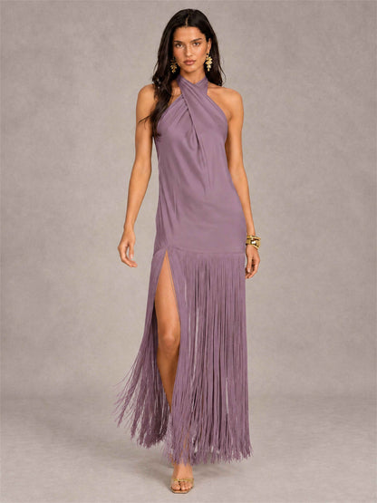 Halter Neck Sheath Sleeveless Satin Wedding Guest Dress with Fringe
