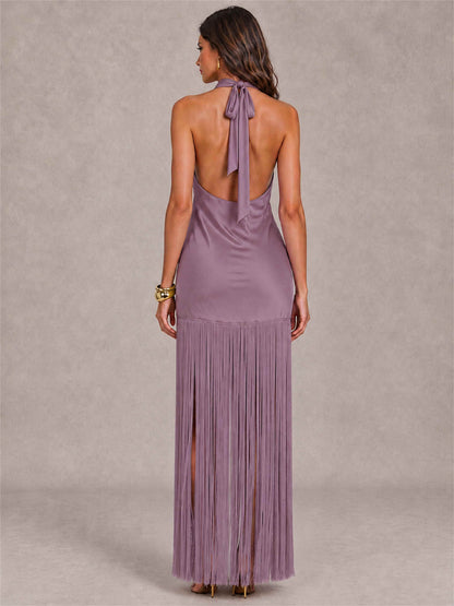 Halter Neck Sheath Sleeveless Satin Wedding Guest Dress with Fringe