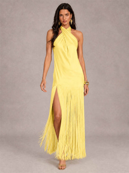 Halter Neck Sheath Sleeveless Satin Wedding Guest Dress with Fringe