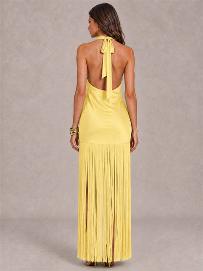 Halter Neck Sheath Sleeveless Satin Wedding Guest Dress with Fringe