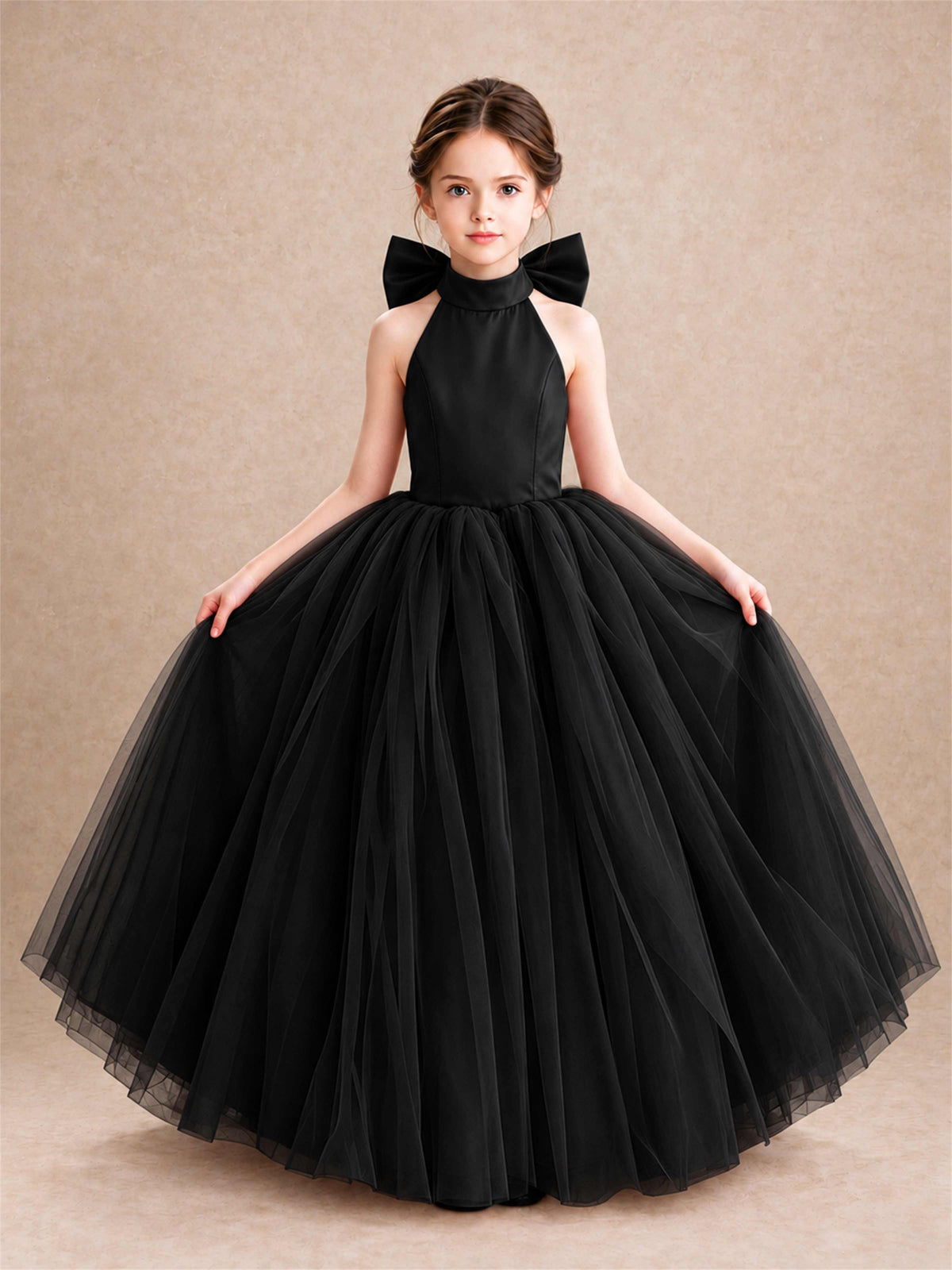 Halter Tulle Flower Girl Dress Backless Big Bow Princess Ball Gown