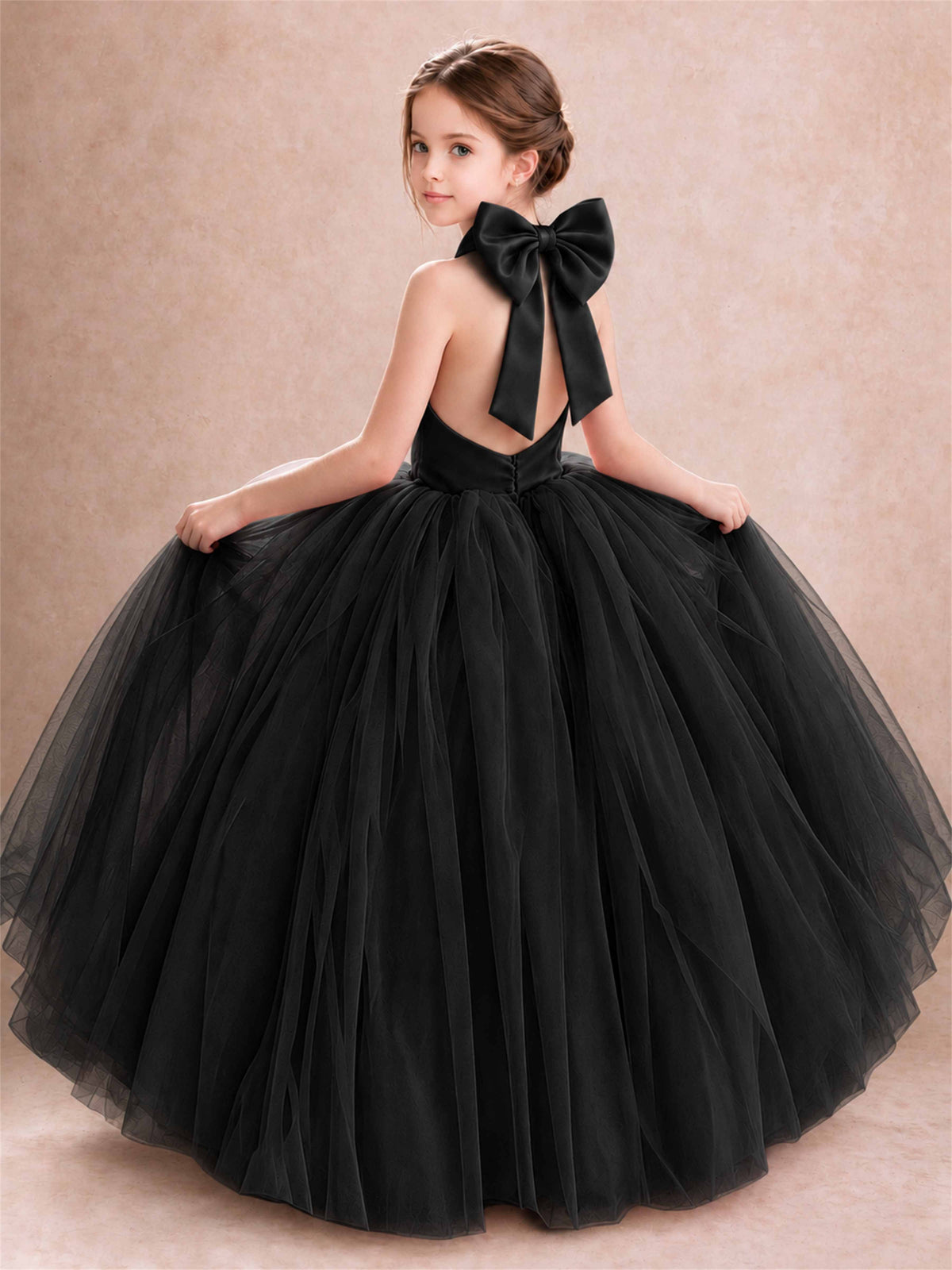 Halter Tulle Flower Girl Dress Backless Big Bow Princess Ball Gown