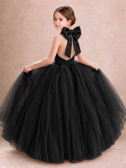 Halter Tulle Flower Girl Dress Backless Big Bow Princess Ball Gown