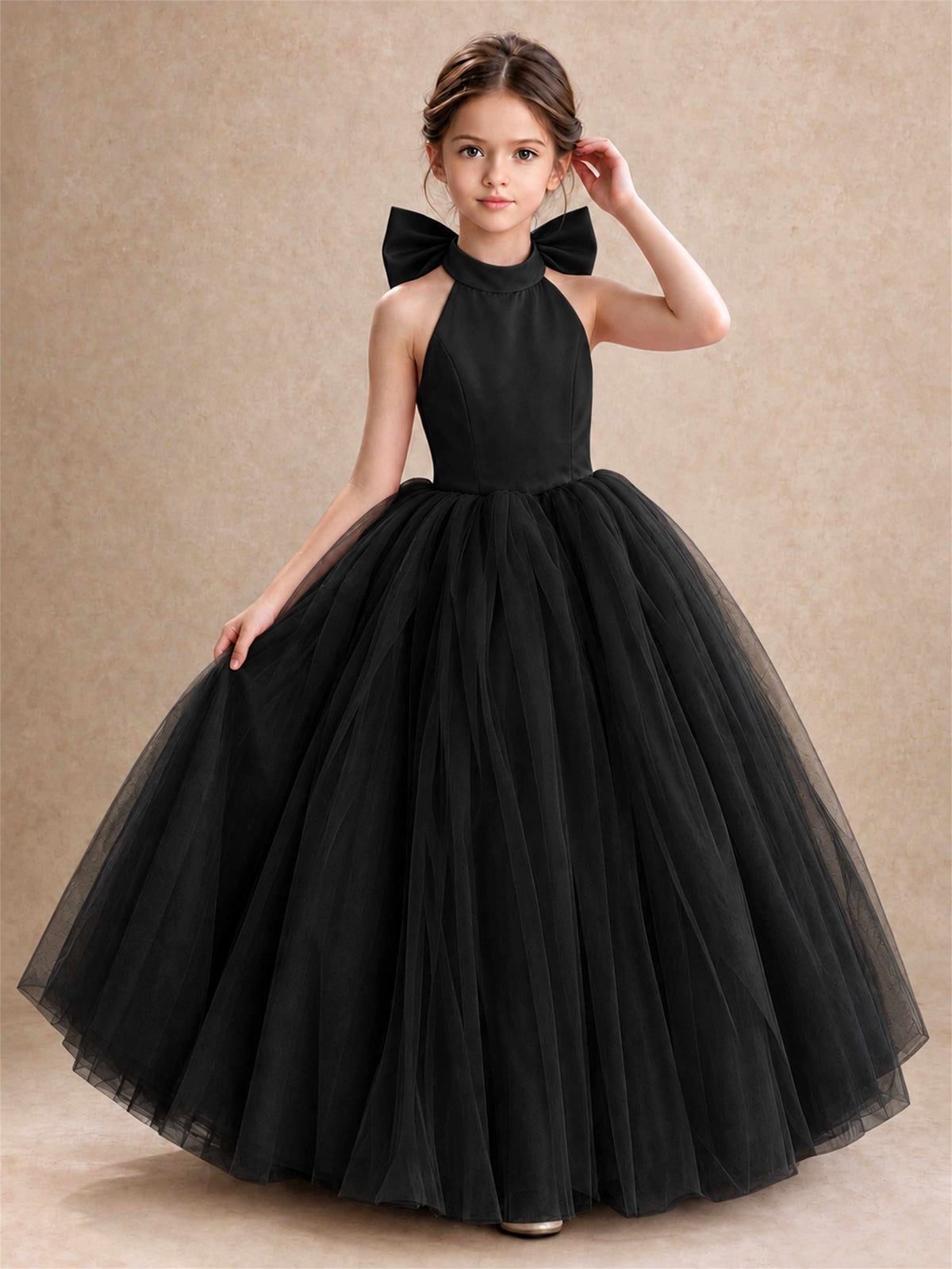 Halter Tulle Flower Girl Dress Backless Big Bow Princess Ball Gown