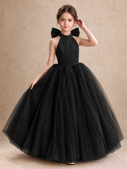 Halter Tulle Flower Girl Dress Backless Big Bow Princess Ball Gown