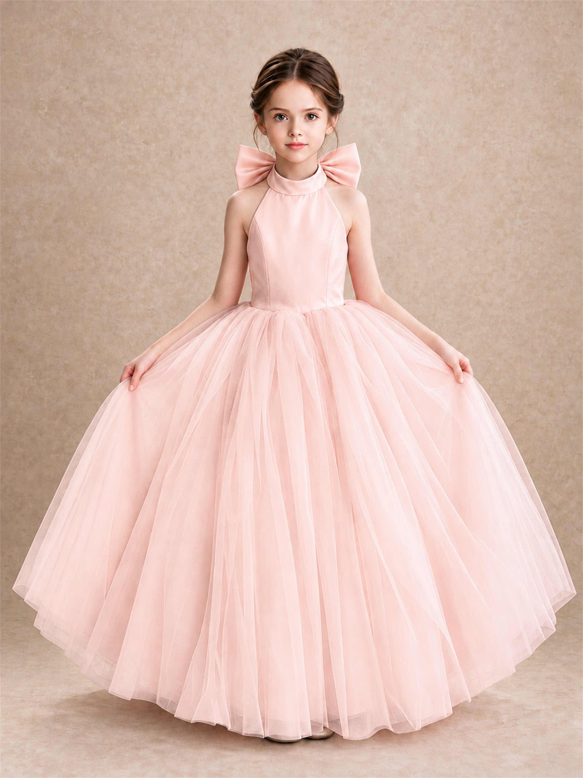 Halter Tulle Flower Girl Dress Backless Big Bow Princess Ball Gown