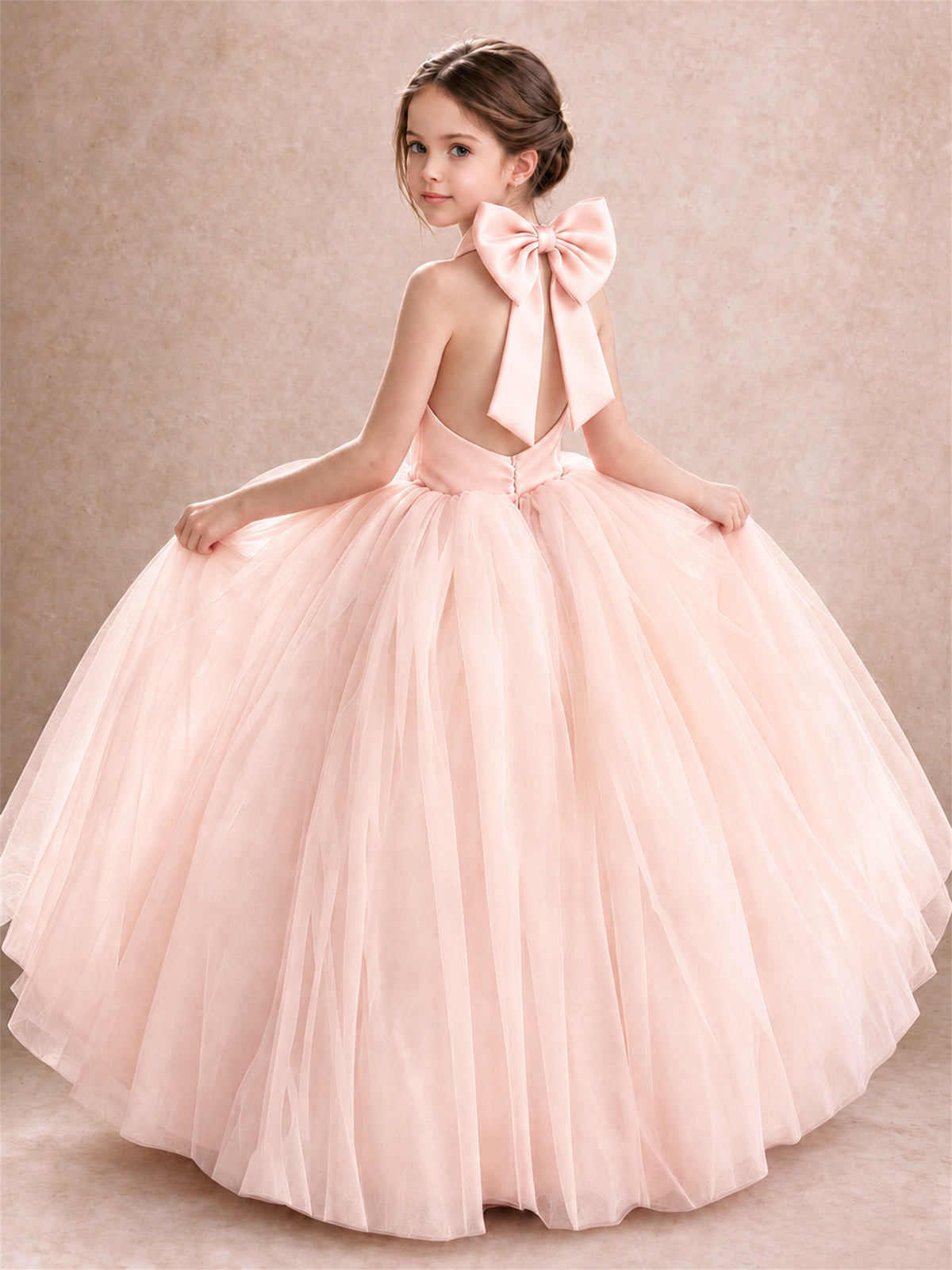 Halter Tulle Flower Girl Dress Backless Big Bow Princess Ball Gown
