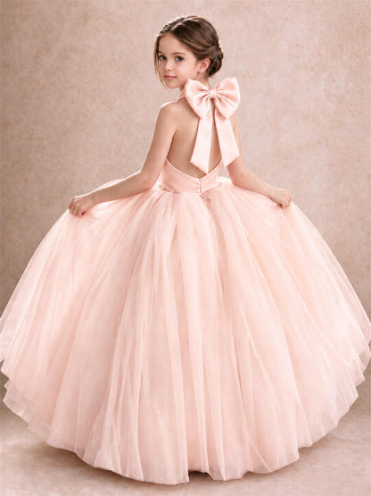 Halter Tulle Flower Girl Dress Backless Big Bow Princess Ball Gown