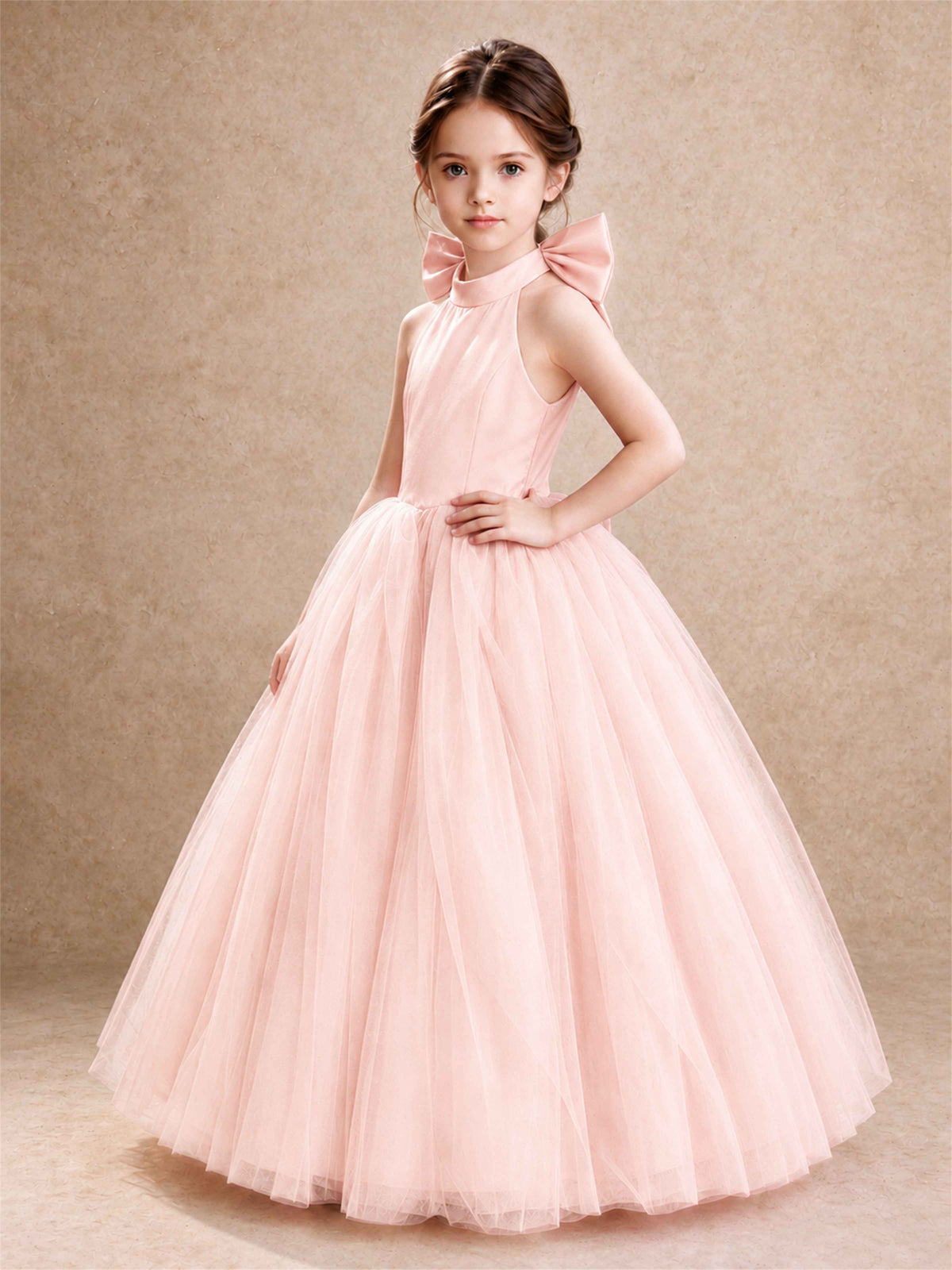 Halter Tulle Flower Girl Dress Backless Big Bow Princess Ball Gown