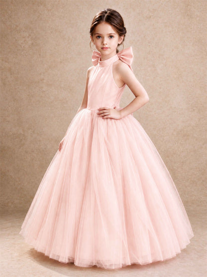 Halter Tulle Flower Girl Dress Backless Big Bow Princess Ball Gown