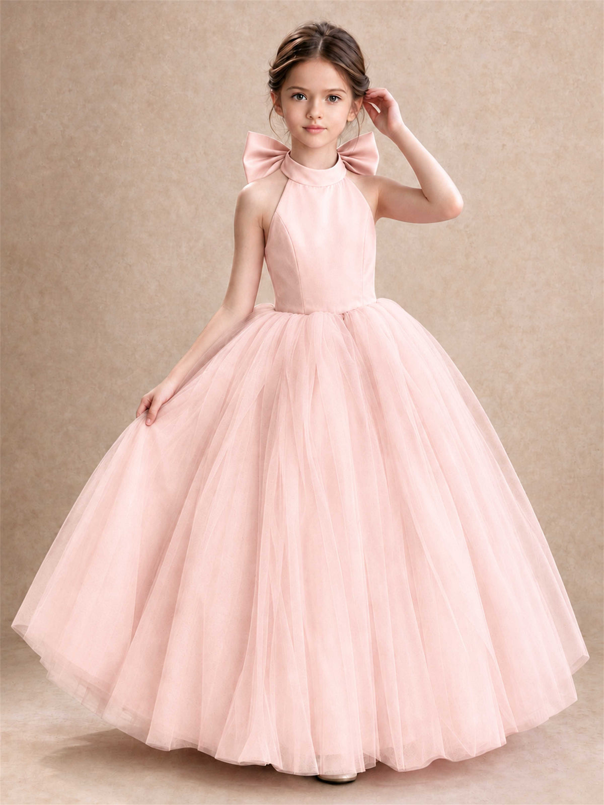 Halter Tulle Flower Girl Dress Backless Big Bow Princess Ball Gown