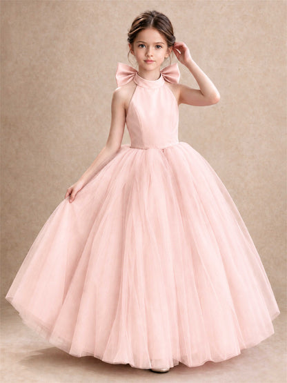 Halter Tulle Flower Girl Dress Backless Big Bow Princess Ball Gown