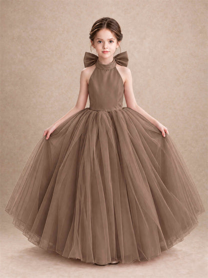Halter Tulle Flower Girl Dress Backless Big Bow Princess Ball Gown