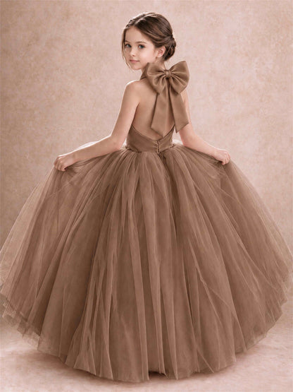 Halter Tulle Flower Girl Dress Backless Big Bow Princess Ball Gown