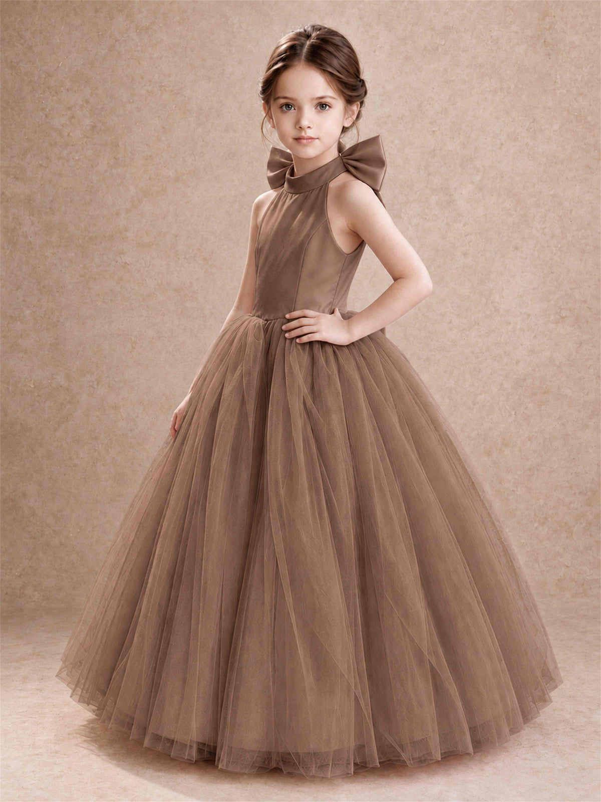 Halter Tulle Flower Girl Dress Backless Big Bow Princess Ball Gown