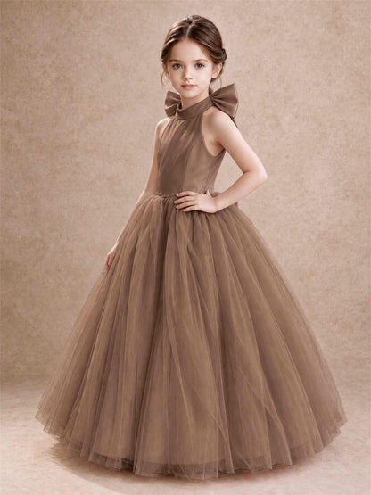 Halter Tulle Flower Girl Dress Backless Big Bow Princess Ball Gown