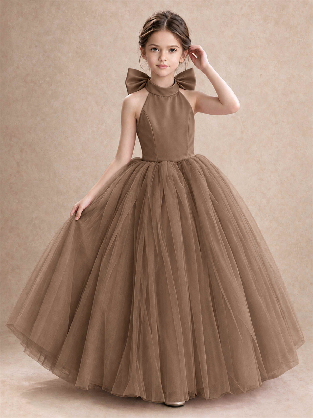 Halter Tulle Flower Girl Dress Backless Big Bow Princess Ball Gown
