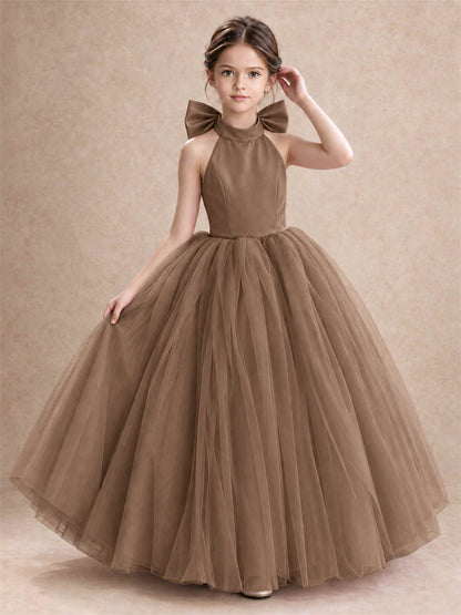 Halter Tulle Flower Girl Dress Backless Big Bow Princess Ball Gown