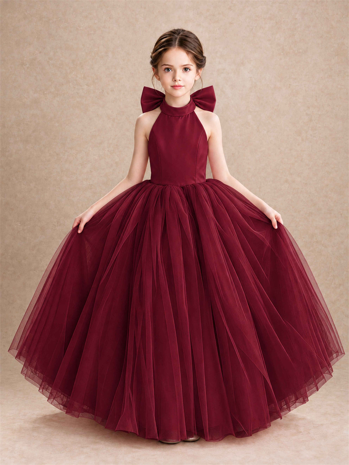 Halter Tulle Flower Girl Dress Backless Big Bow Princess Ball Gown