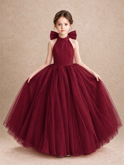 Halter Tulle Flower Girl Dress Backless Big Bow Princess Ball Gown