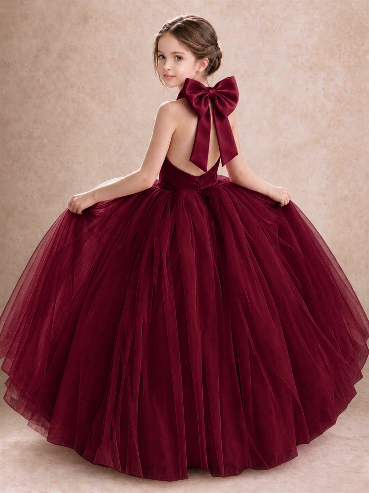 Halter Tulle Flower Girl Dress Backless Big Bow Princess Ball Gown
