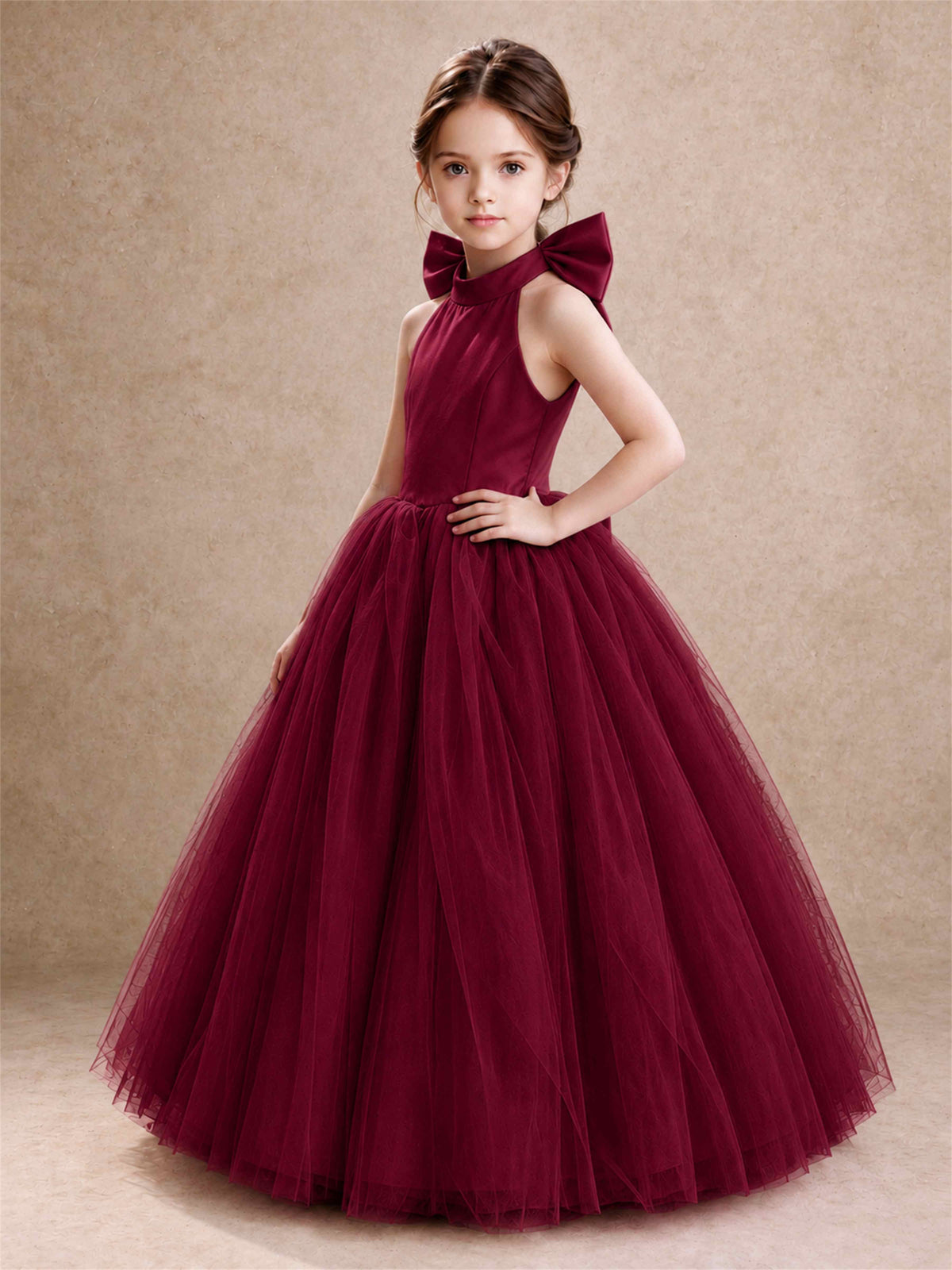Halter Tulle Flower Girl Dress Backless Big Bow Princess Ball Gown