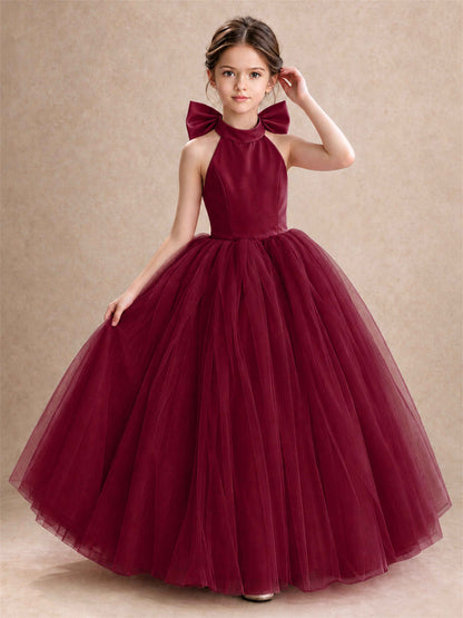 Halter Tulle Flower Girl Dress Backless Big Bow Princess Ball Gown